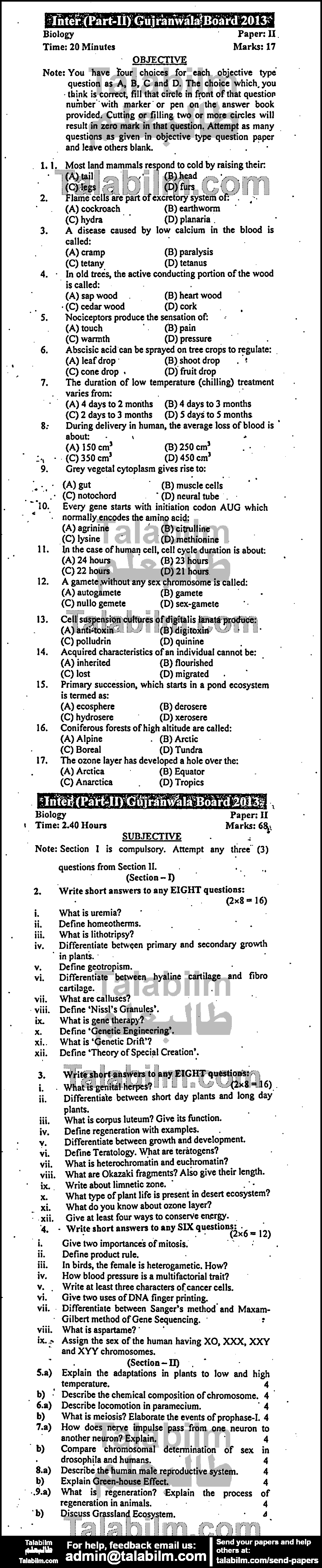 Biology 0 past paper for Group-I 2013