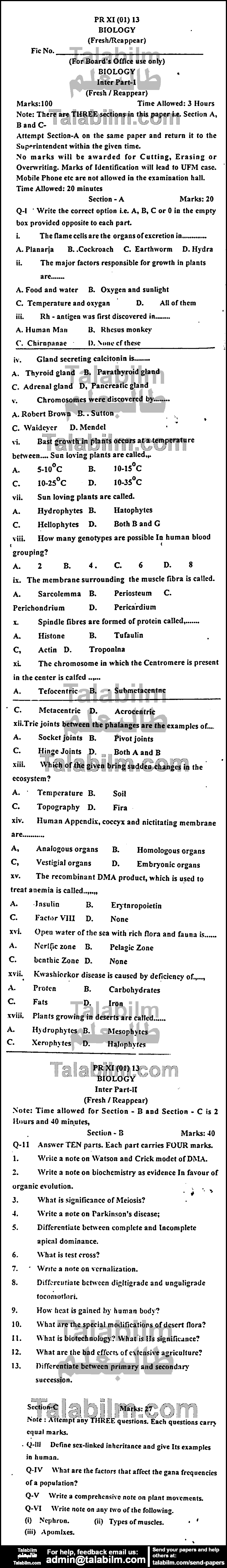 Biology 0 past paper for Group-I 2013