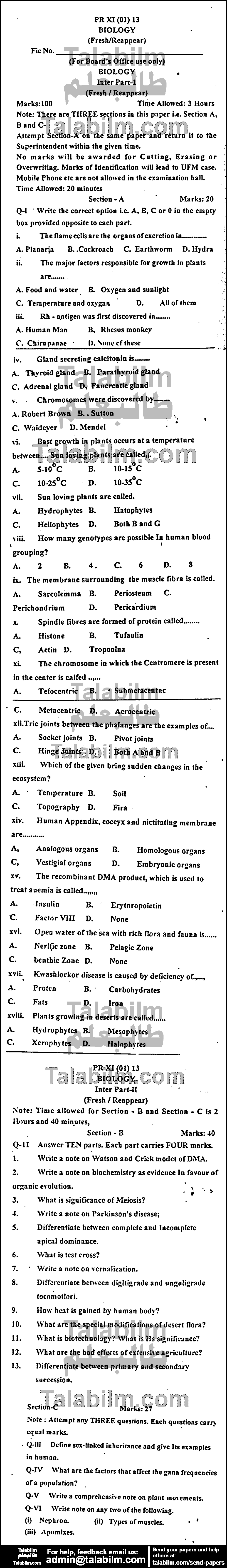 Biology 0 past paper for Group-I 2013