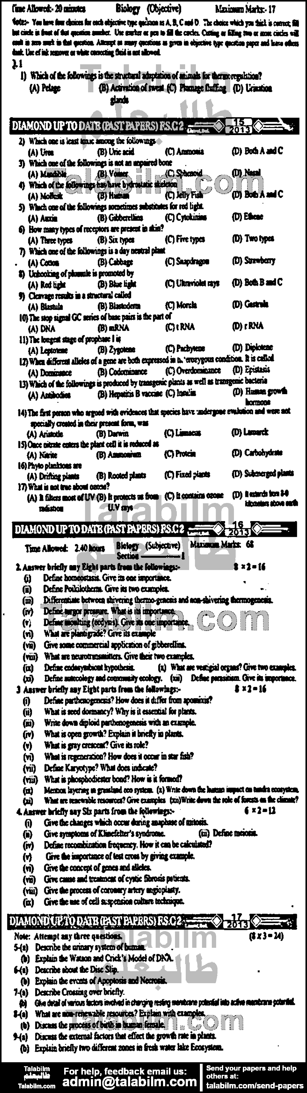 Biology 0 past paper for Group-I 2013