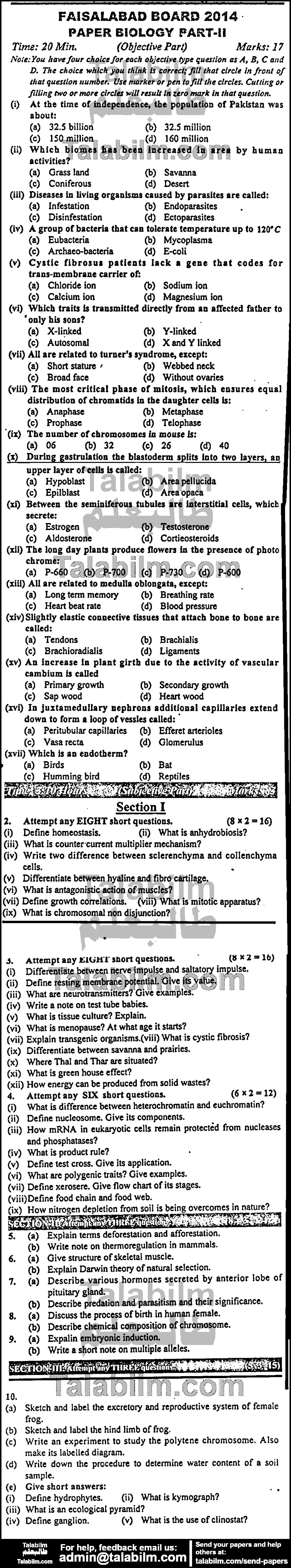 Biology 0 past paper for Group-I 2014