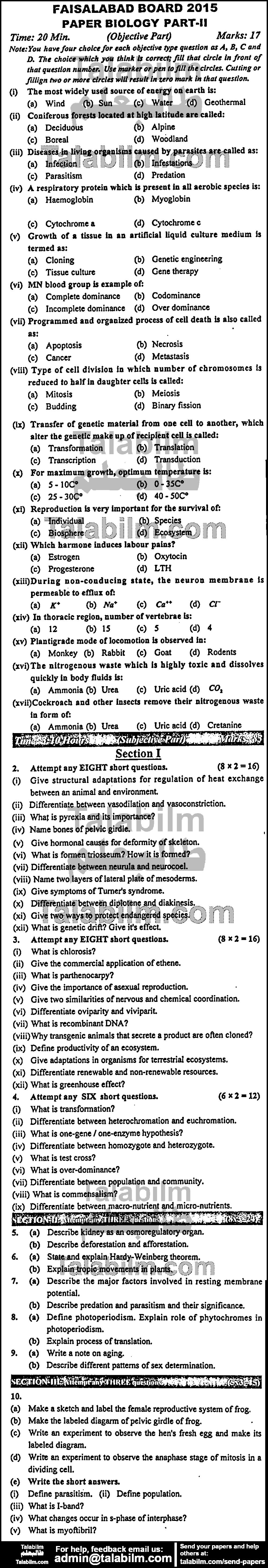 Biology 0 past paper for Group-I 2015