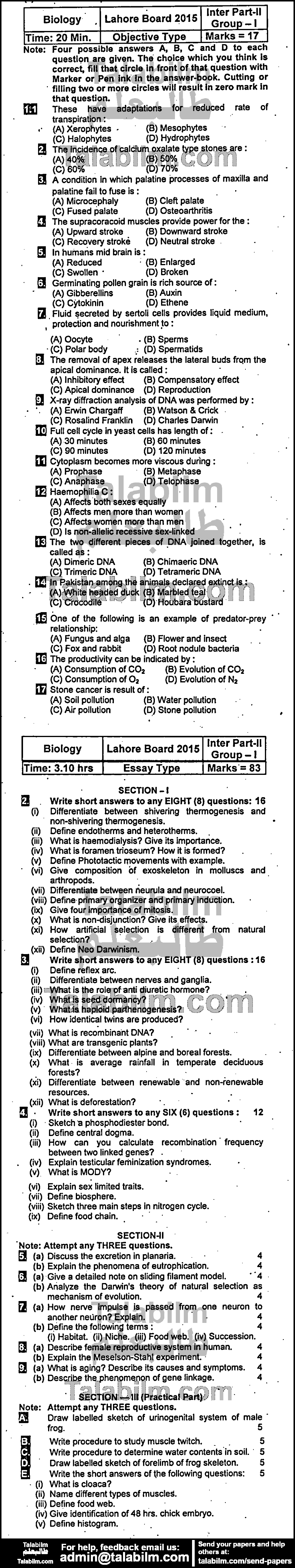 Biology 0 past paper for Group-I 2015