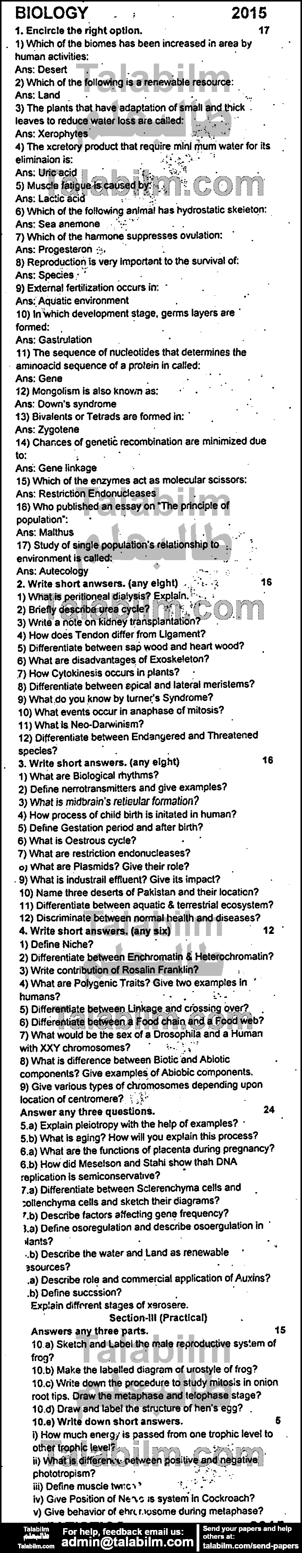 Biology 0 past paper for Group-I 2015