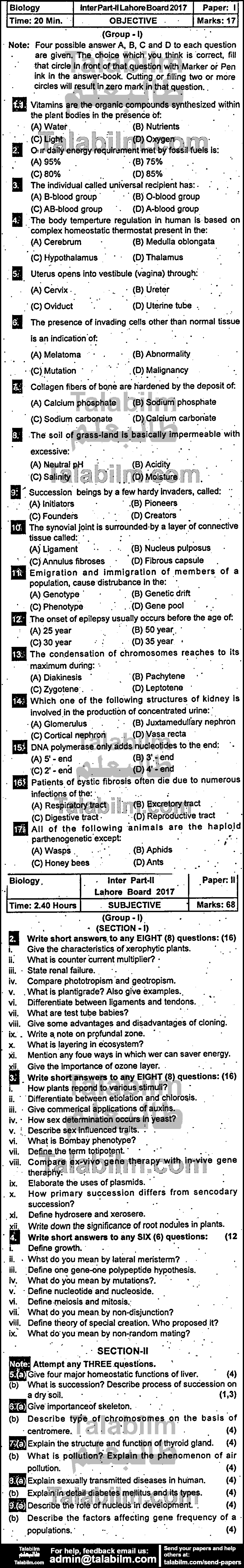 Biology 0 past paper for Group-I 2017