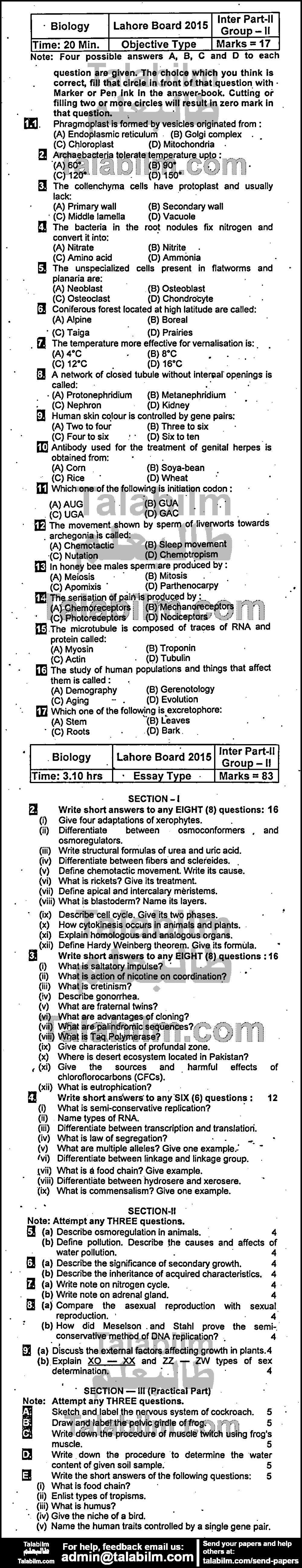 Biology 0 past paper for Group-II 2015