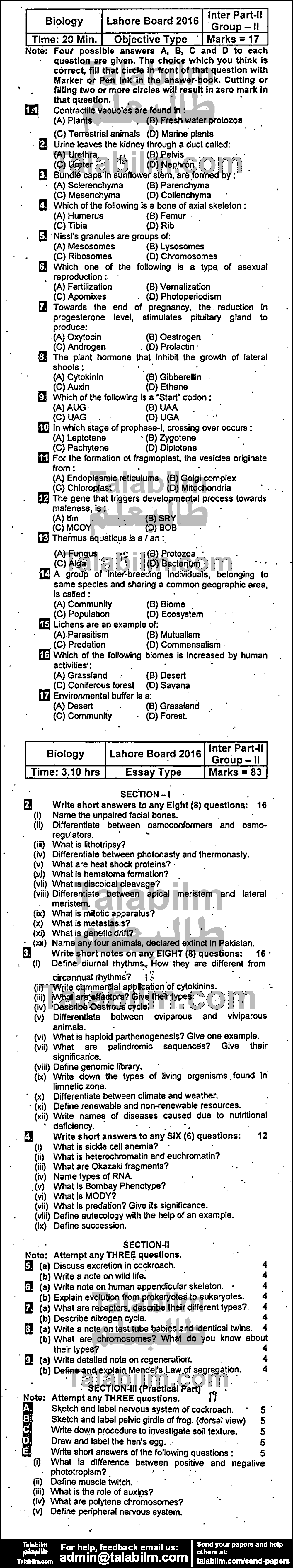 Biology 0 past paper for Group-II 2016