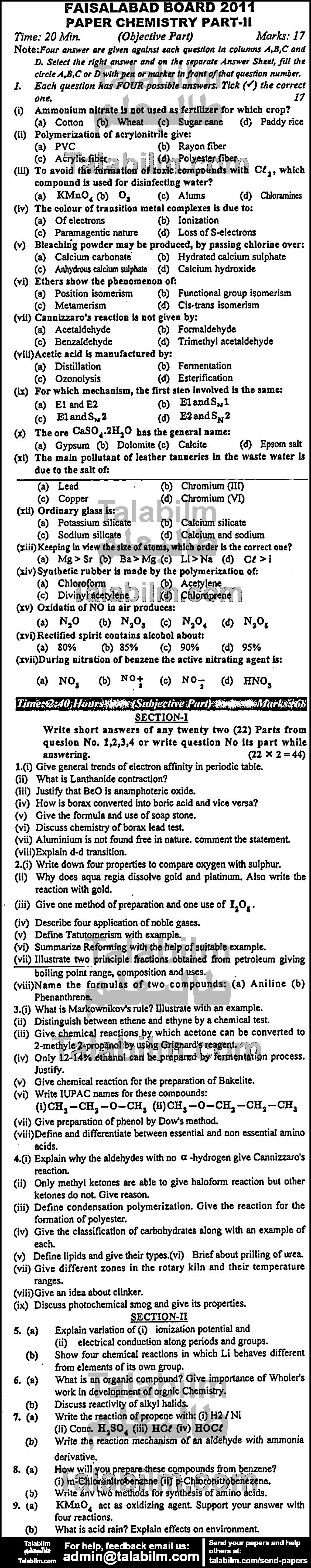 Chemistry 0 past paper for Group-I 2011