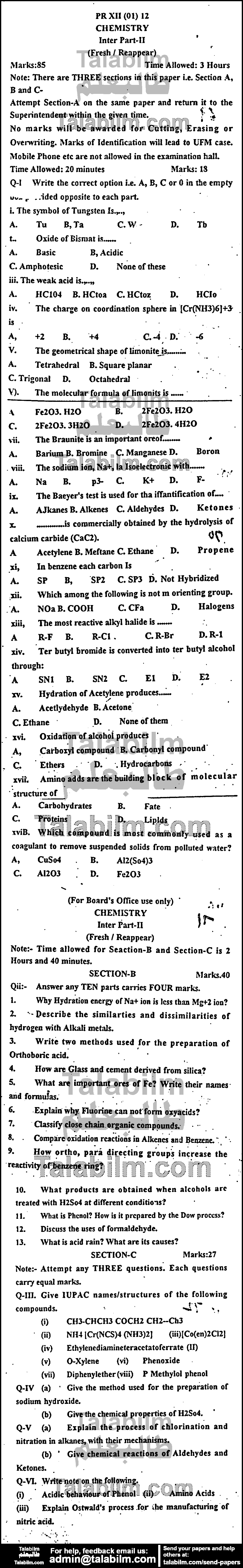 Chemistry 0 past paper for Group-I 2012