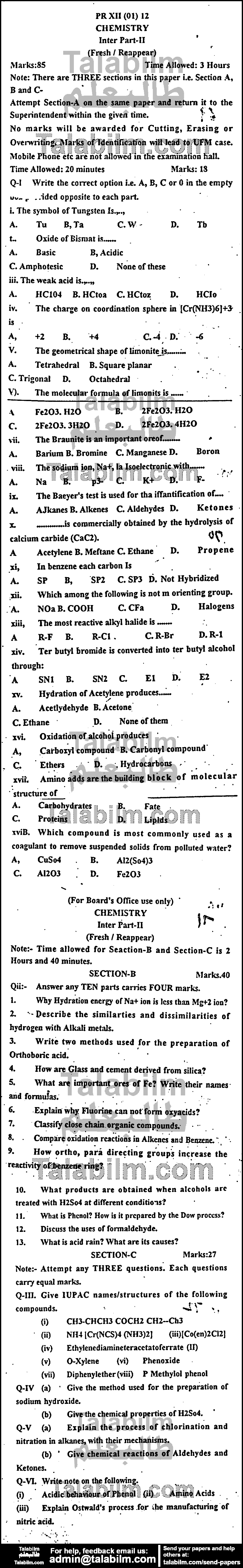 Chemistry 0 past paper for Group-I 2012