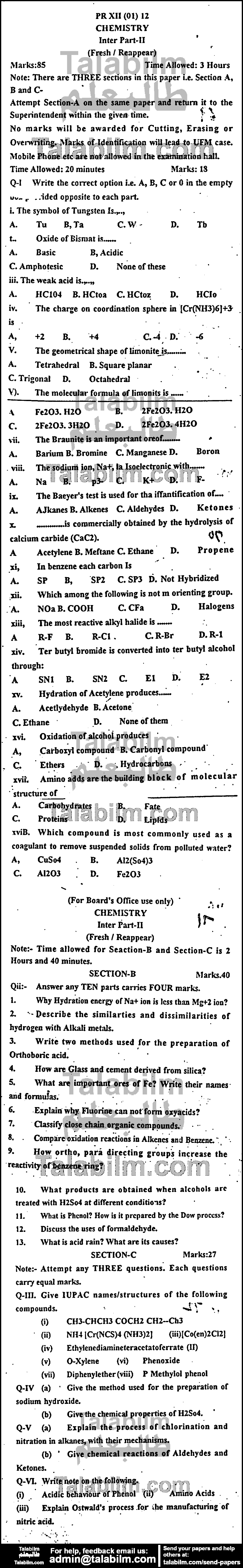 Chemistry 0 past paper for Group-I 2012