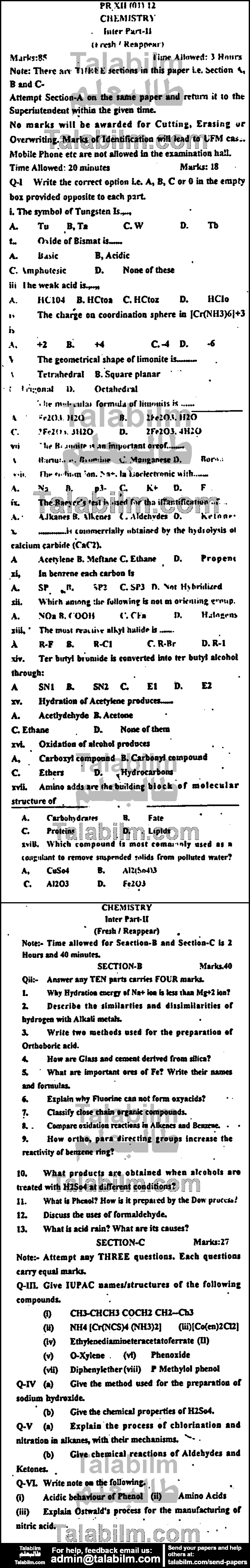 Chemistry 0 past paper for Group-I 2012