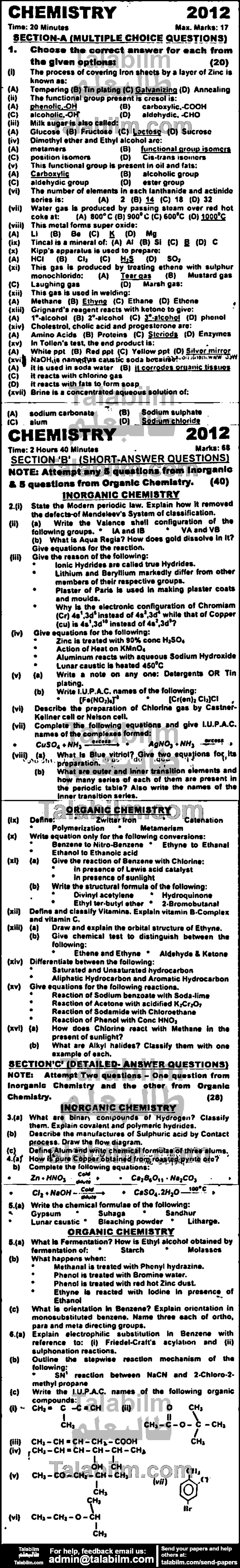 Chemistry 0 past paper for Group-I 2012