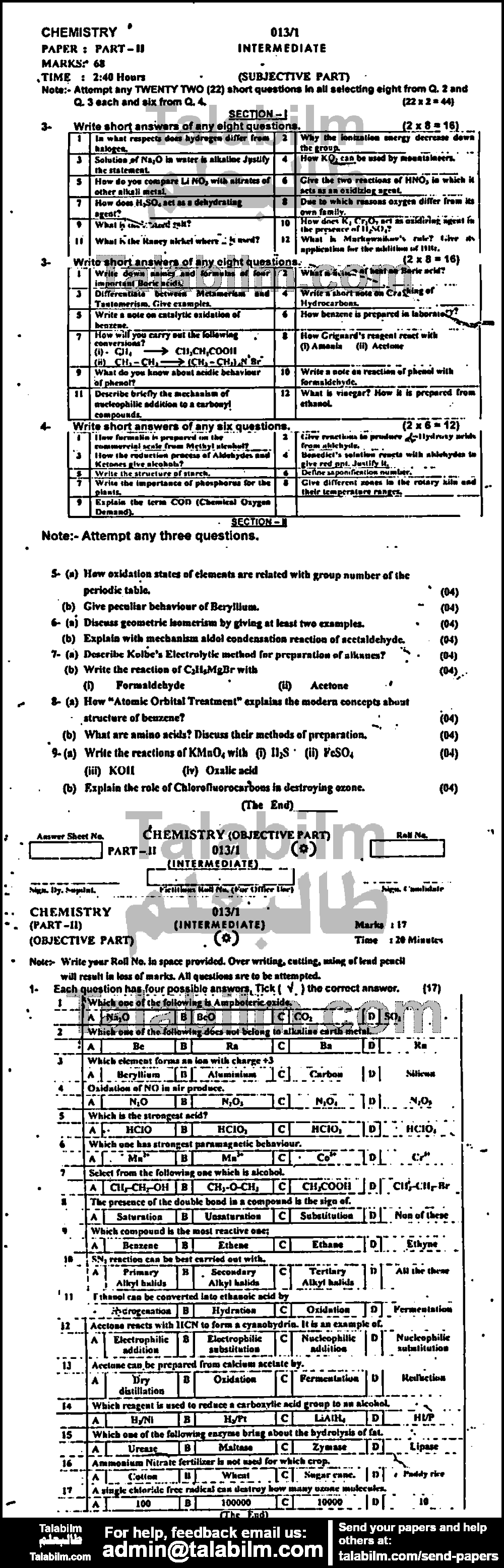 Chemistry 0 past paper for Group-I 2013