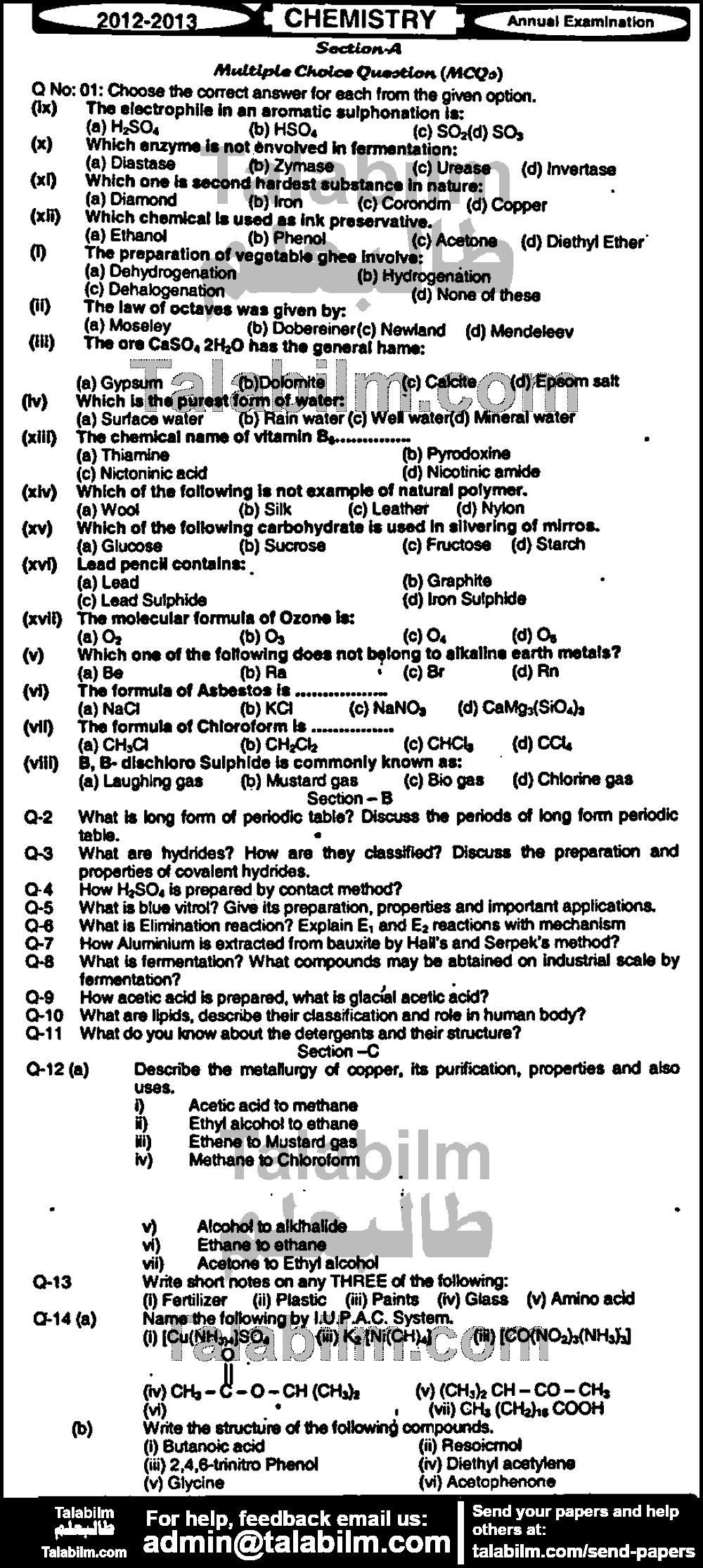 Chemistry 0 past paper for Group-I 2013