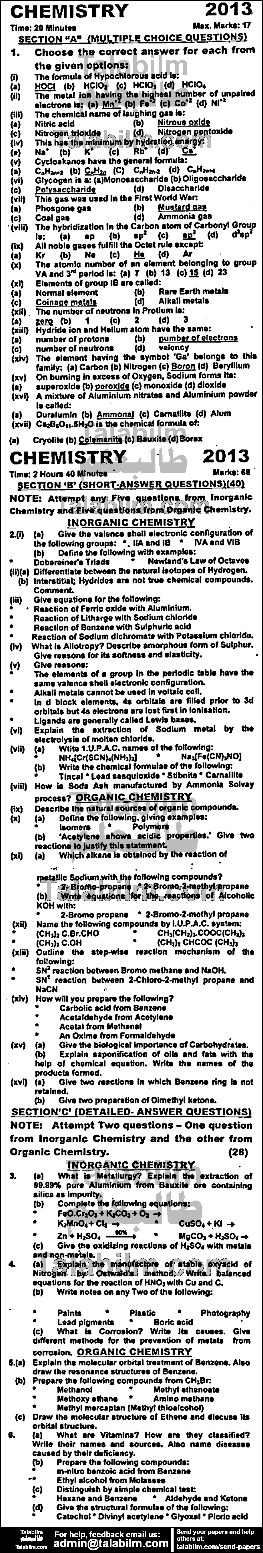 Chemistry 0 past paper for Group-I 2013