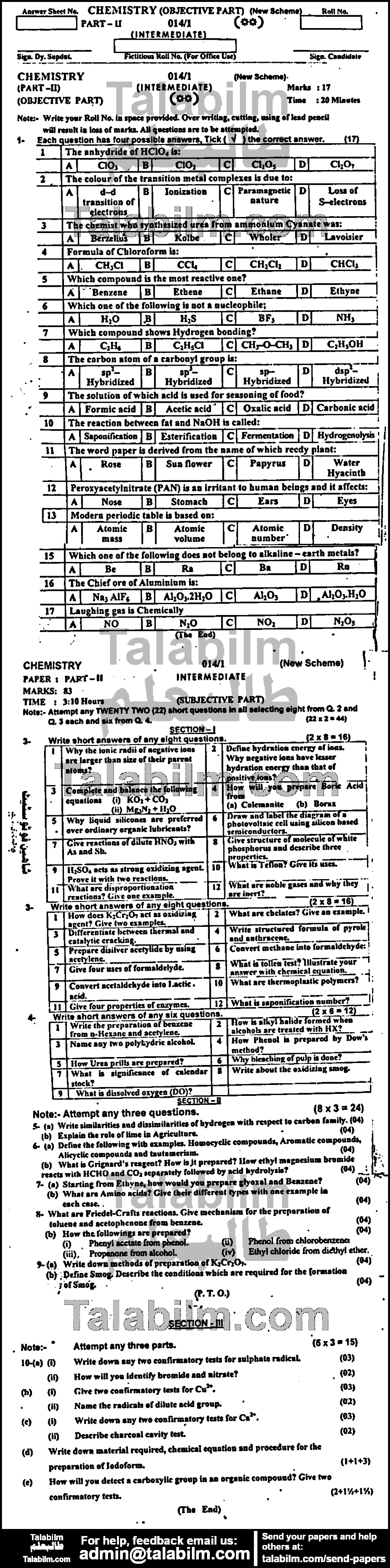 Chemistry 0 past paper for Group-I 2014