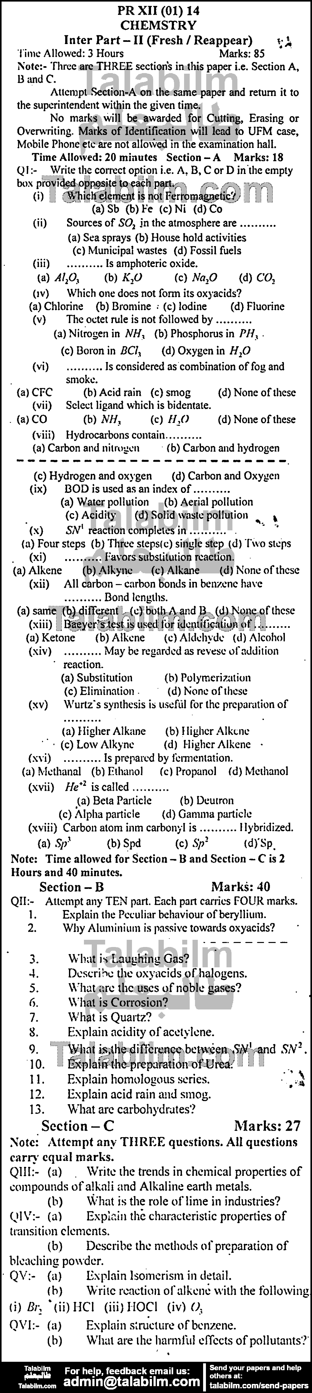 Chemistry 0 past paper for Group-I 2014