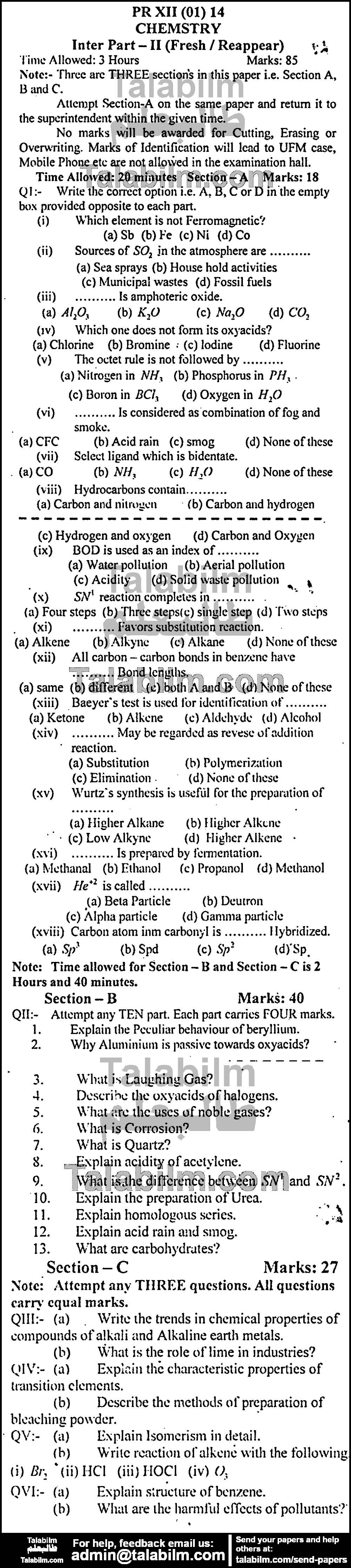 Chemistry 0 past paper for Group-I 2014