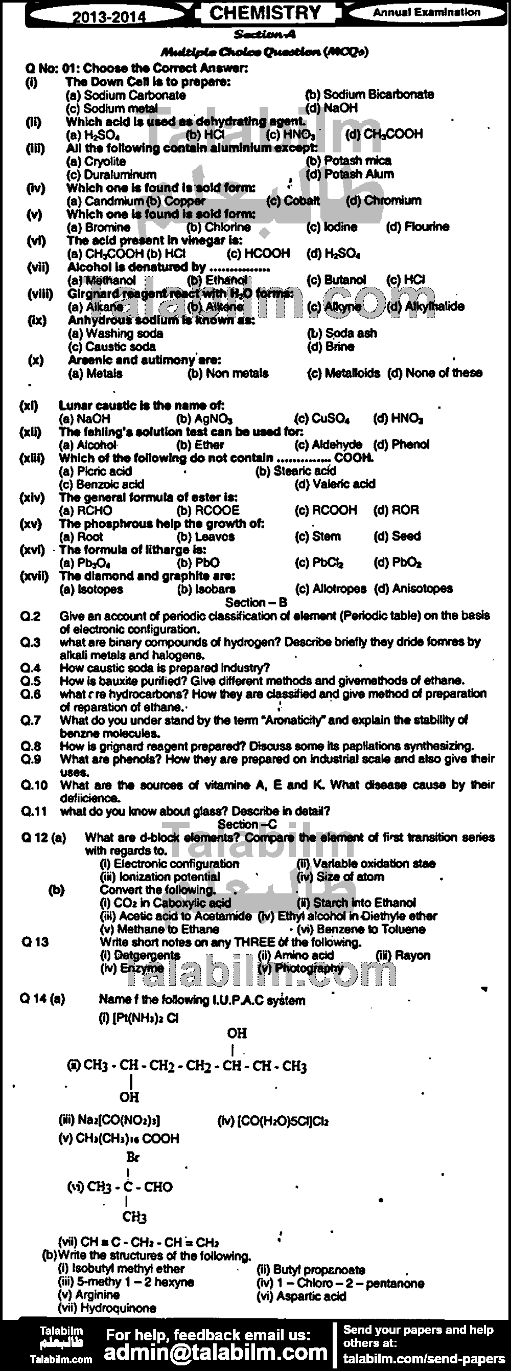 Chemistry 0 past paper for Group-I 2014