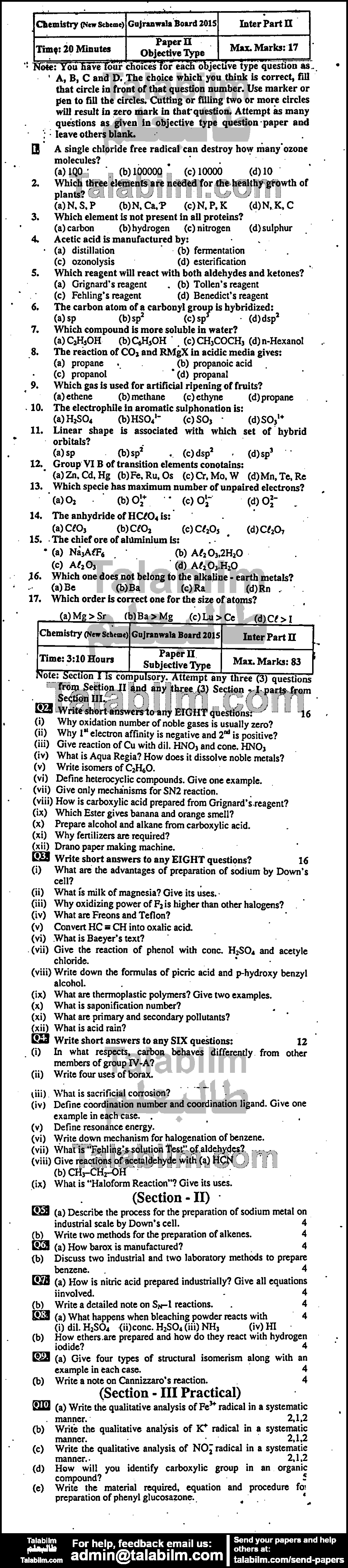 Chemistry 0 past paper for Group-I 2015