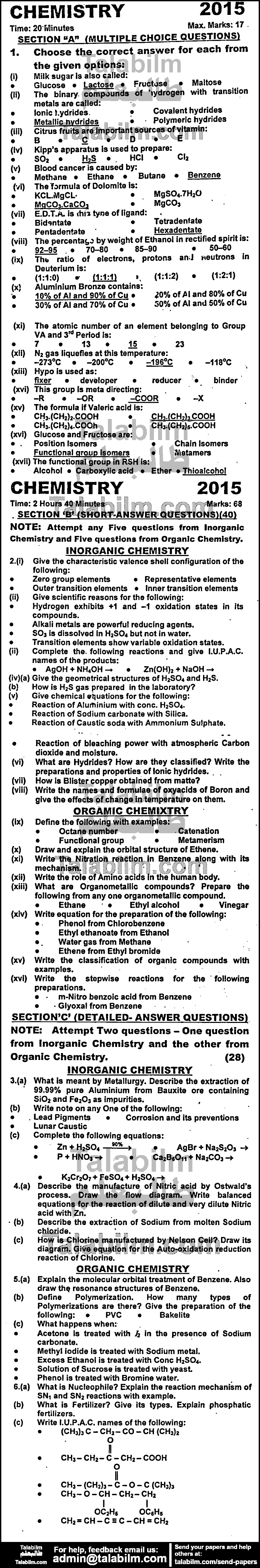 Chemistry 0 past paper for Group-I 2015