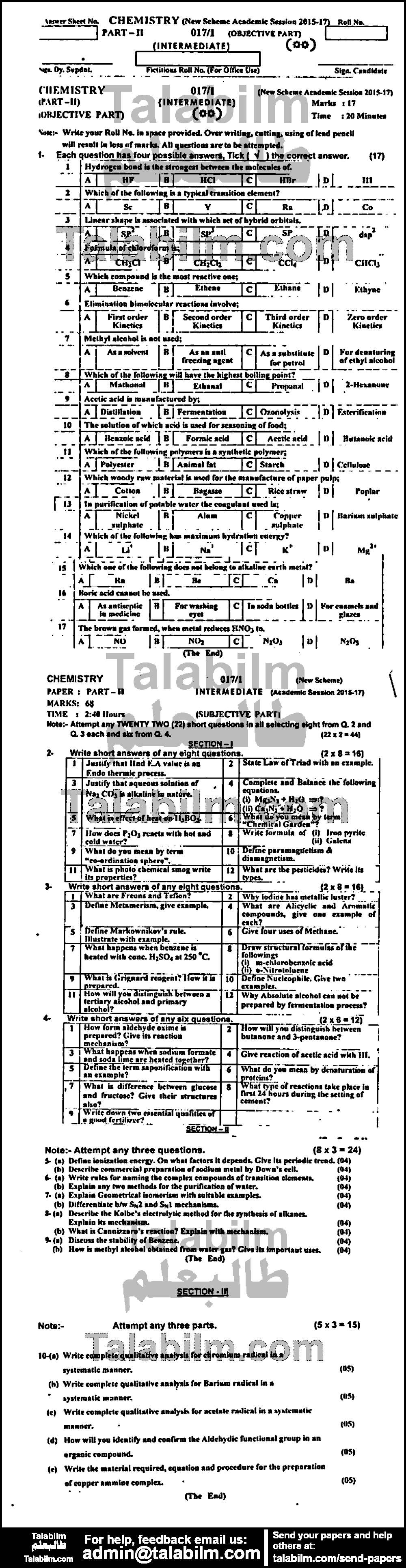 Chemistry 0 past paper for Group-I 2016