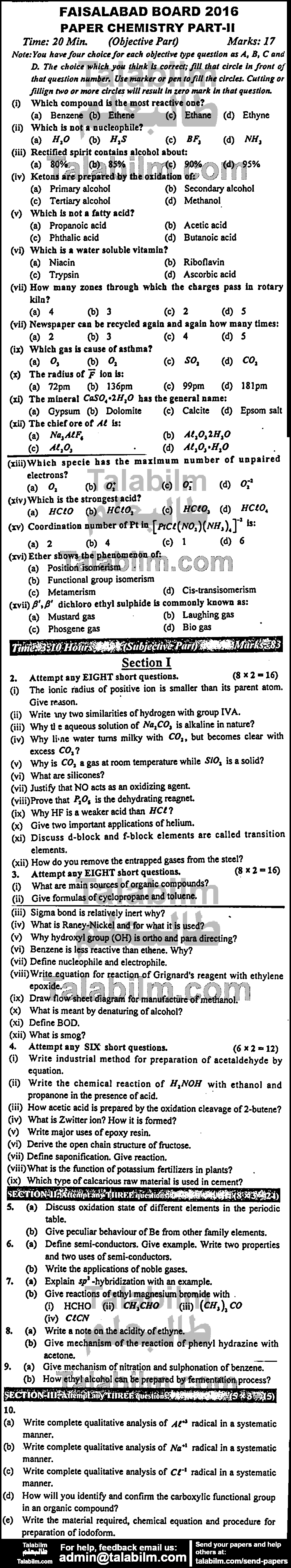 Chemistry 0 past paper for Group-I 2016