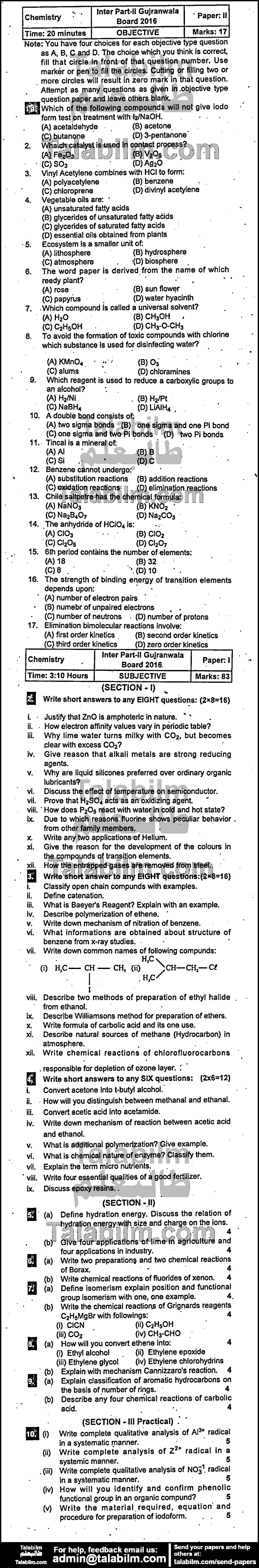 Chemistry 0 past paper for Group-I 2016