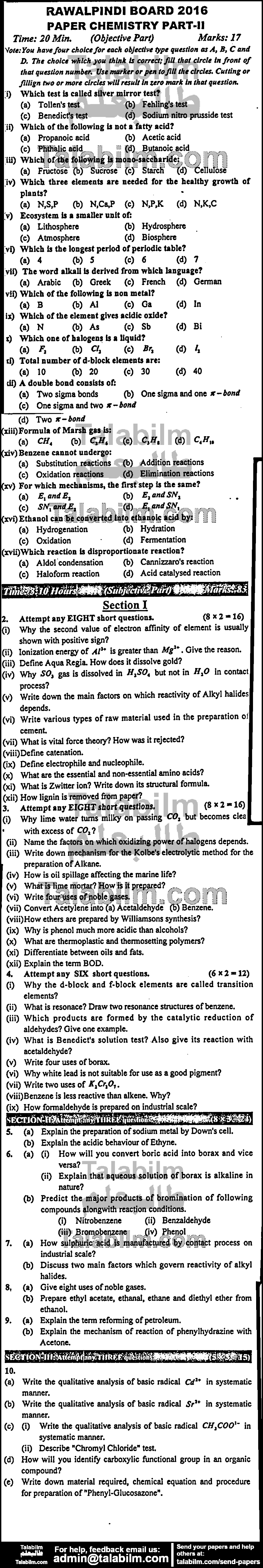 Chemistry 0 past paper for Group-I 2016