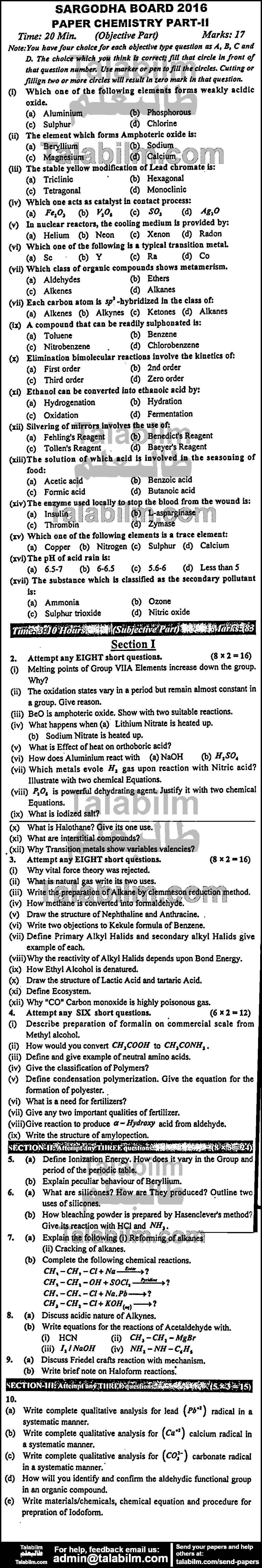 Chemistry 0 past paper for Group-I 2016