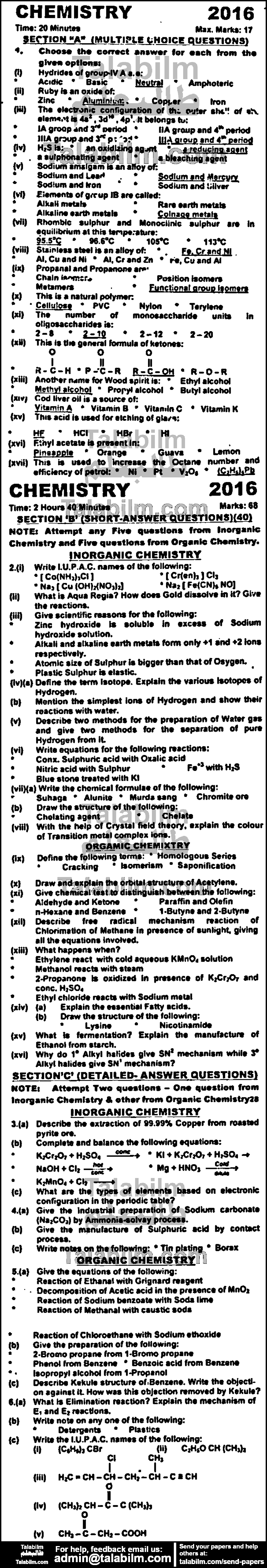 Chemistry 0 past paper for Group-I 2016