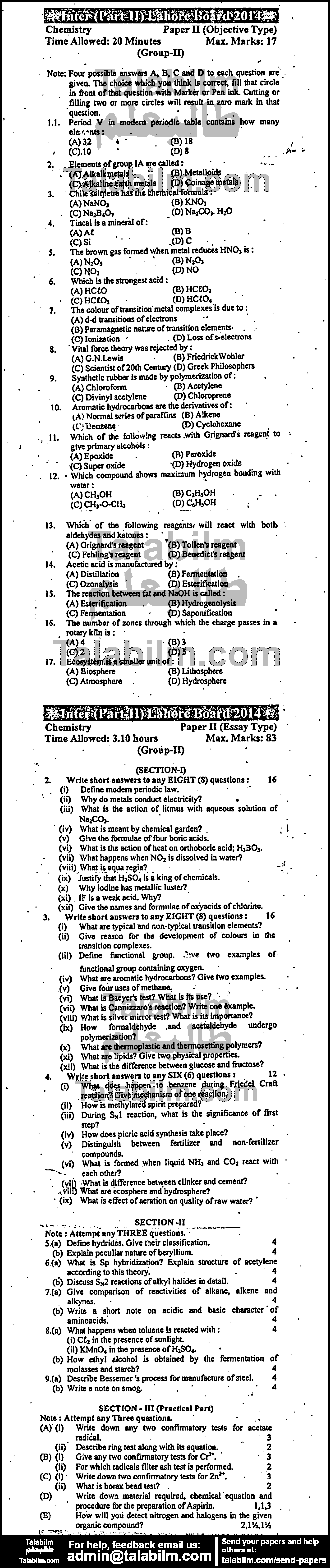 Chemistry 0 past paper for Group-II 2014