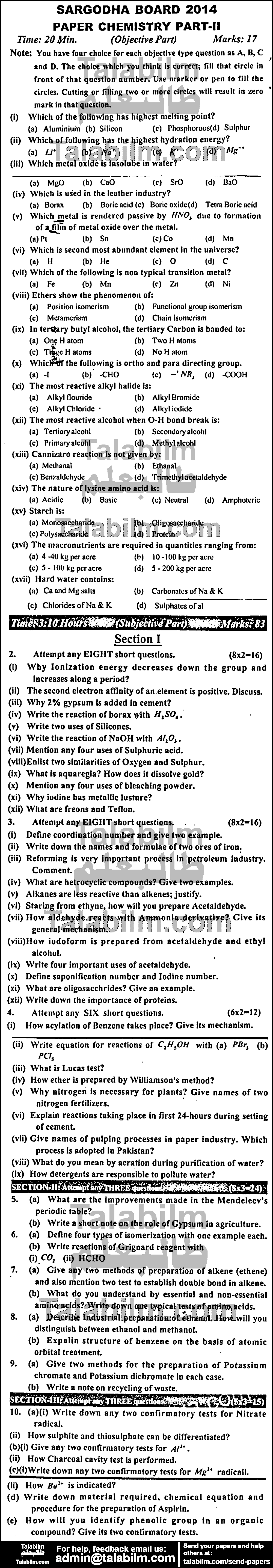 Chemistry 0 past paper for Group-II 2014