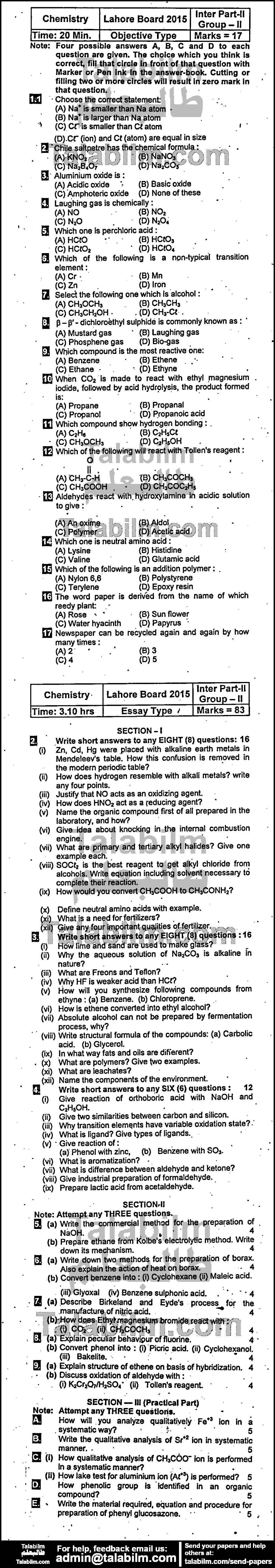 Chemistry 0 past paper for Group-II 2015