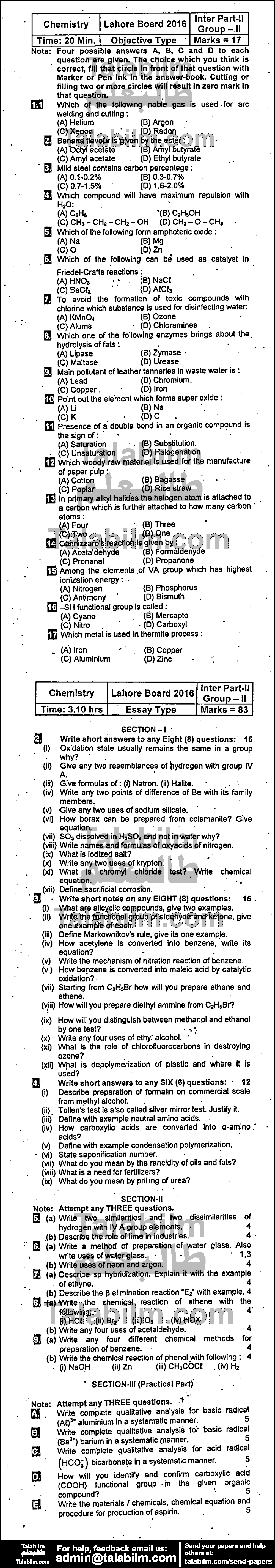Chemistry 0 past paper for Group-II 2016