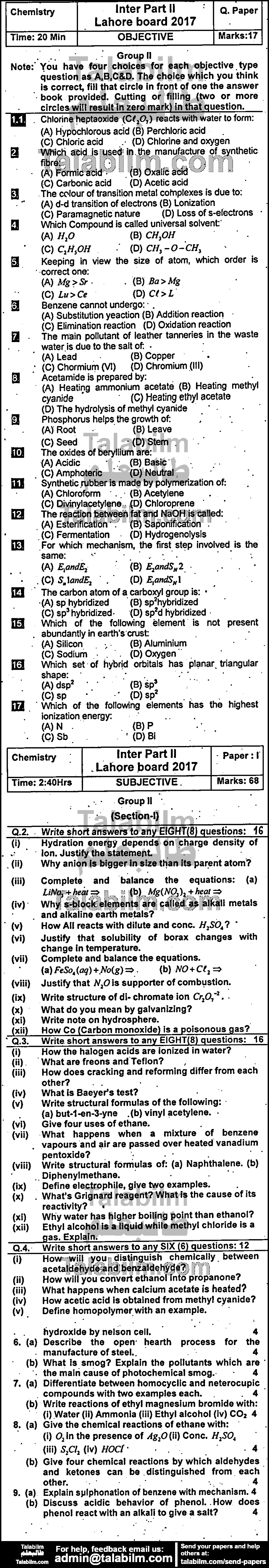 Chemistry 0 past paper for Group-II 2017