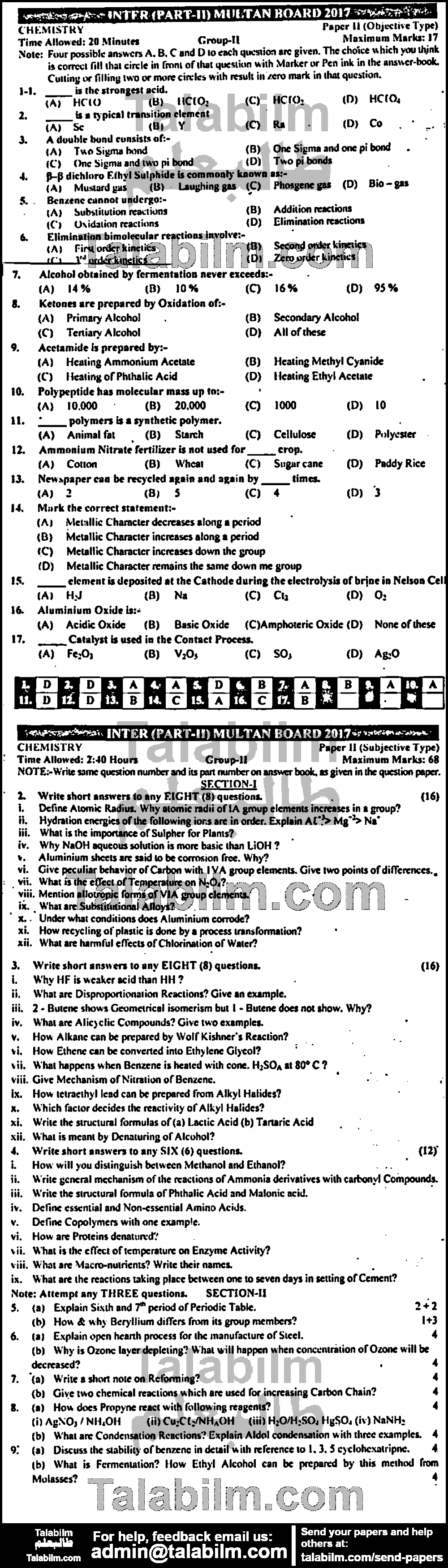 Chemistry 0 past paper for Group-II 2017