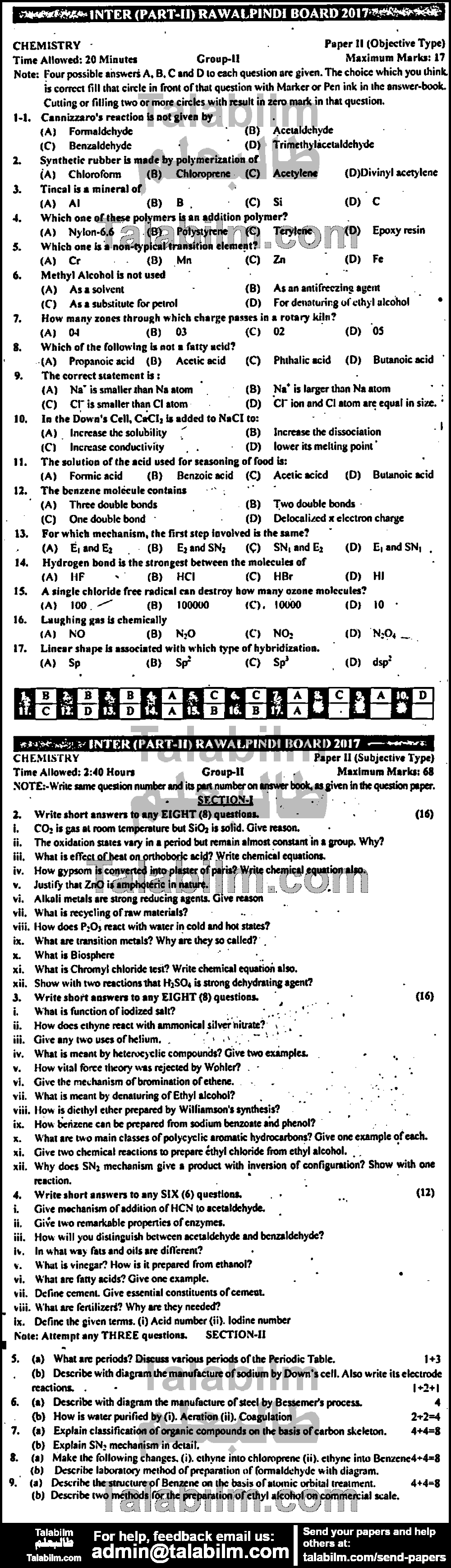 Chemistry 0 past paper for Group-II 2017