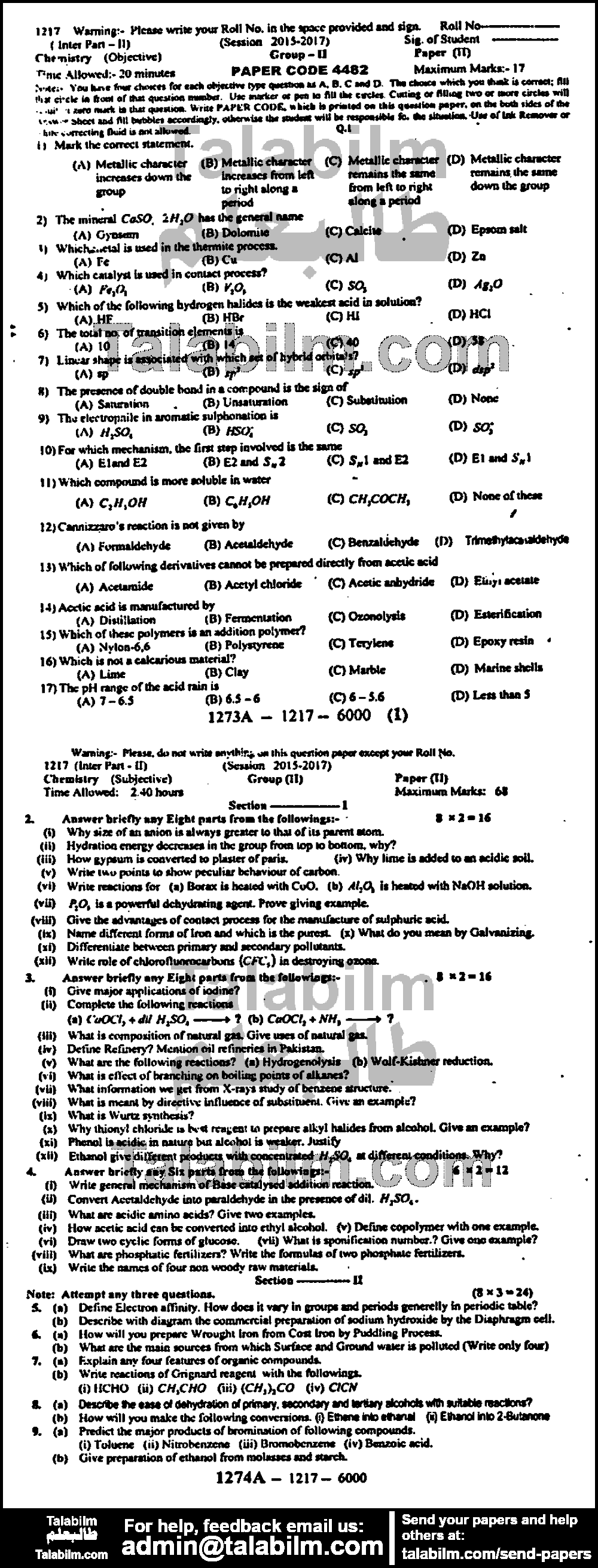 Chemistry 0 past paper for Group-II 2017