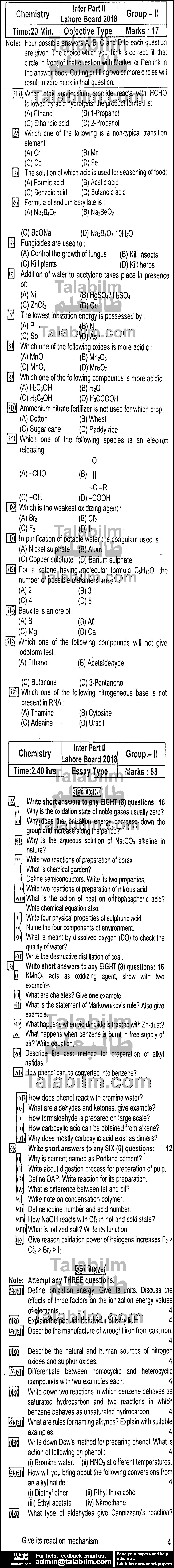 Chemistry 0 past paper for Group-II 2018
