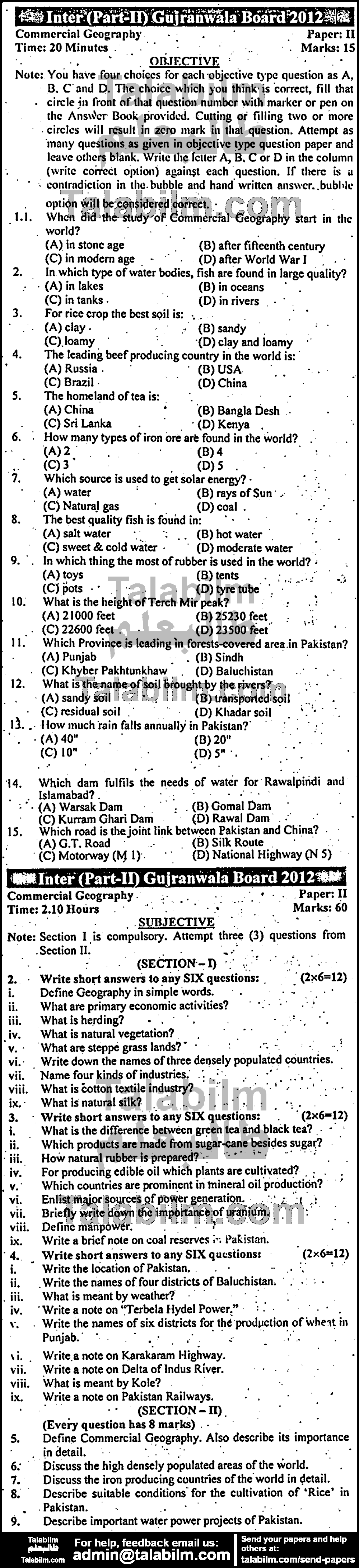 Commercial Geography 0 past paper for Group-I 2012