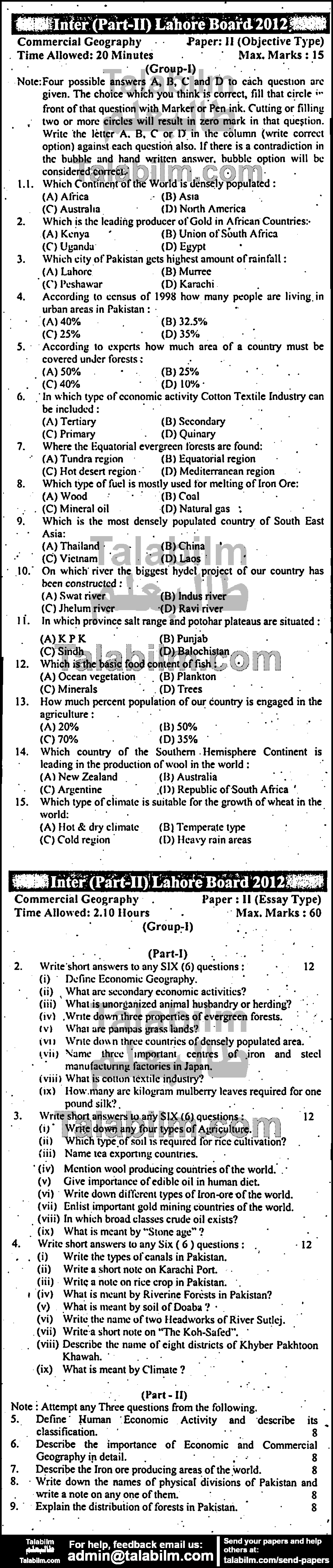 Commercial Geography 0 past paper for Group-I 2012