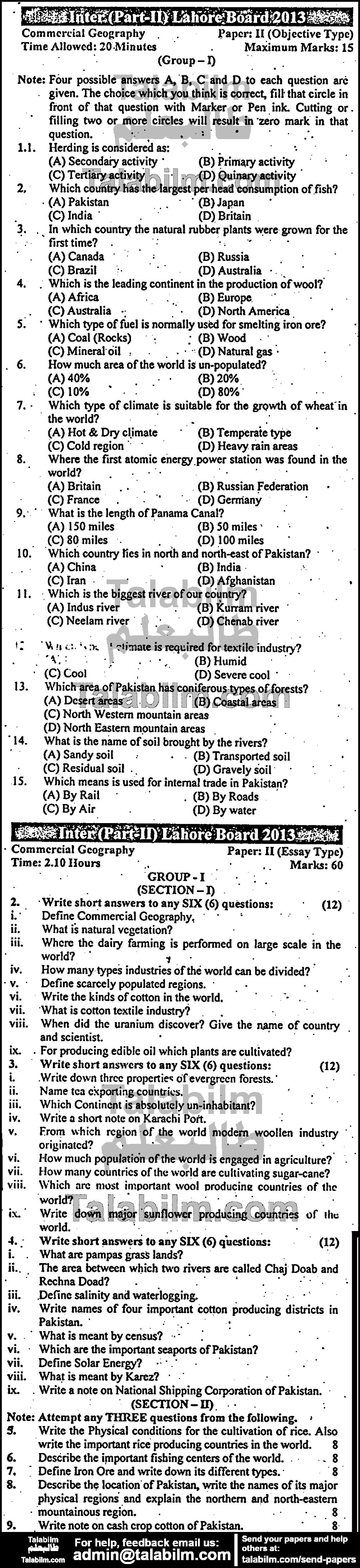 Commercial Geography 0 past paper for Group-I 2013