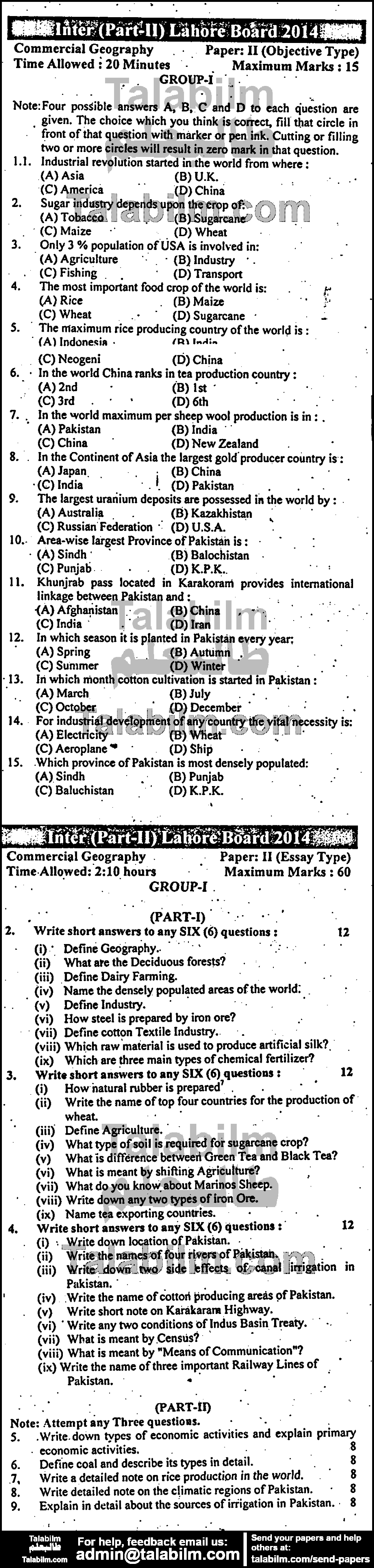 Commercial Geography 0 past paper for Group-I 2014