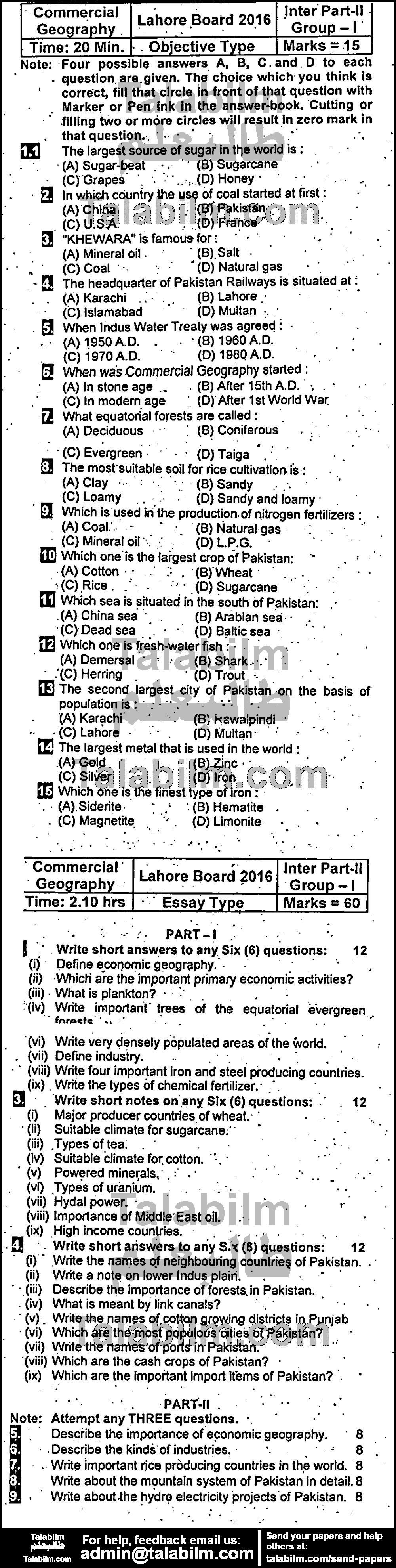 Commercial Geography 0 past paper for Group-I 2016