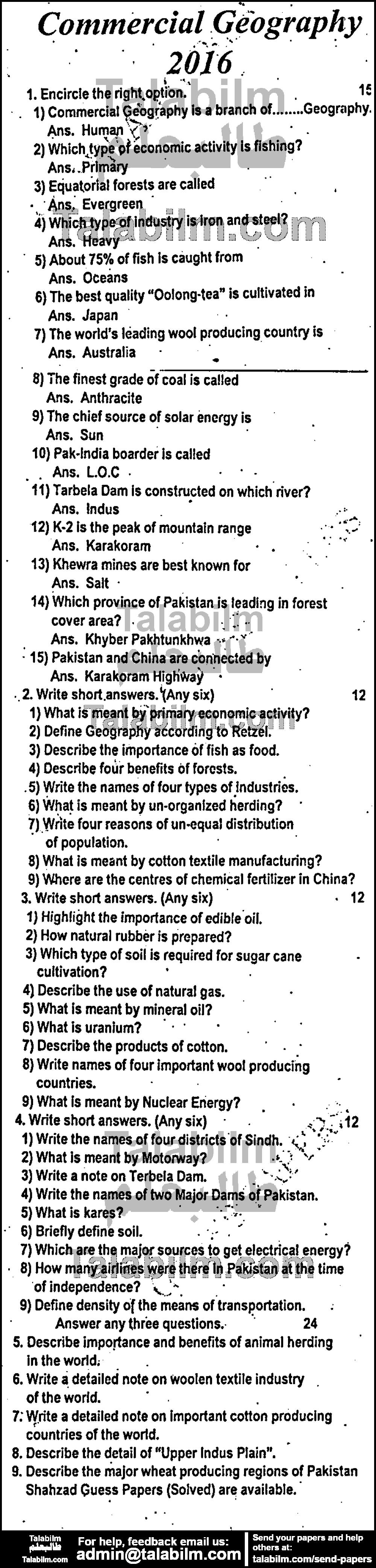 Commercial Geography 0 past paper for Group-I 2016