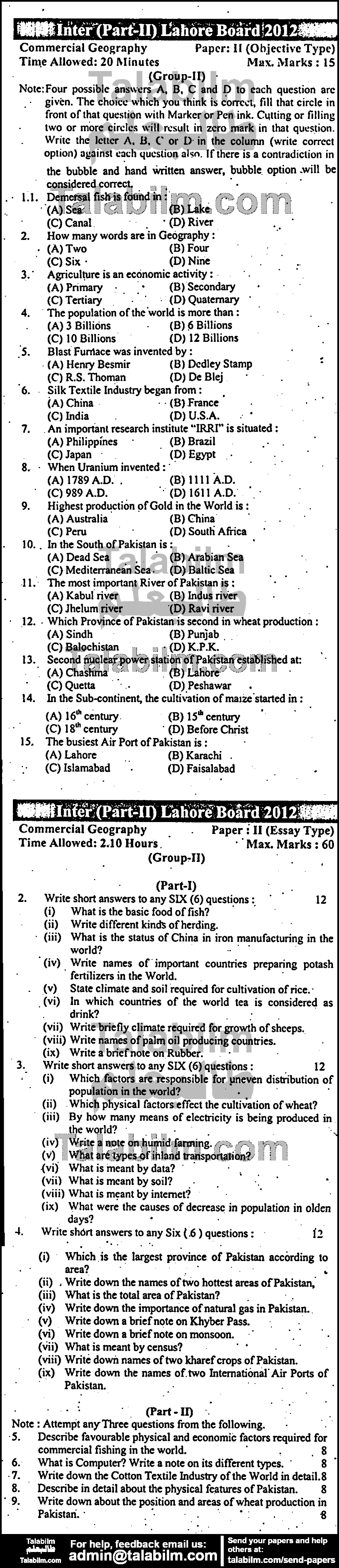 Commercial Geography 0 past paper for Group-II 2012