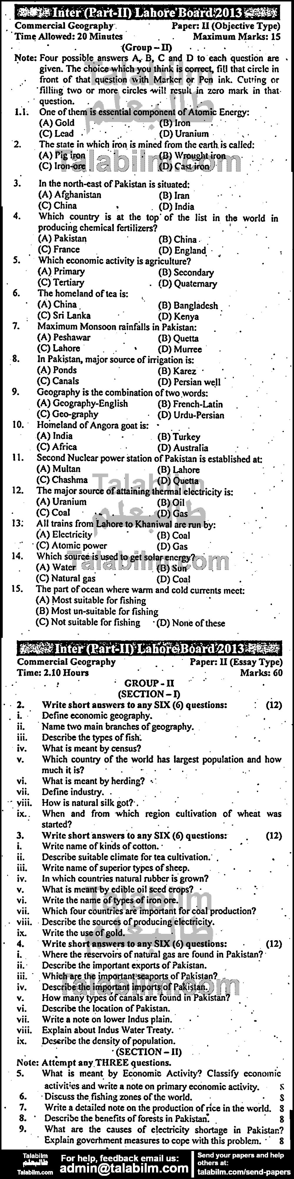 Commercial Geography 0 past paper for Group-II 2013