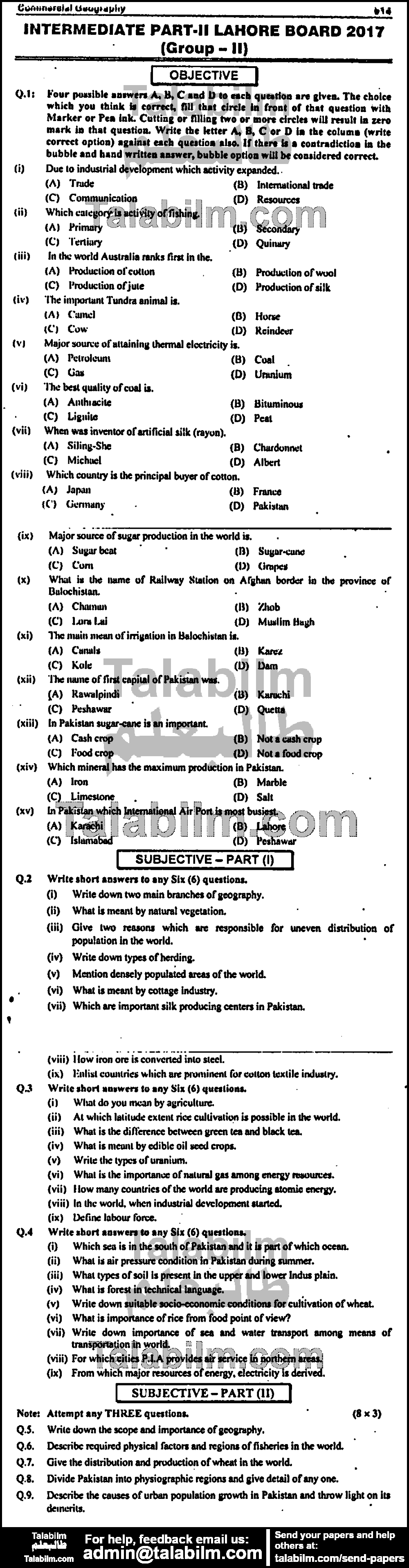 Commercial Geography 0 past paper for Group-II 2017